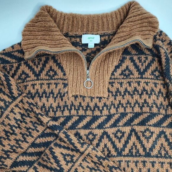 Aerie Sweater Women's Medium Geo Tribal Oversized Pullover Quarter Zip Brown - Picture 3 of 6